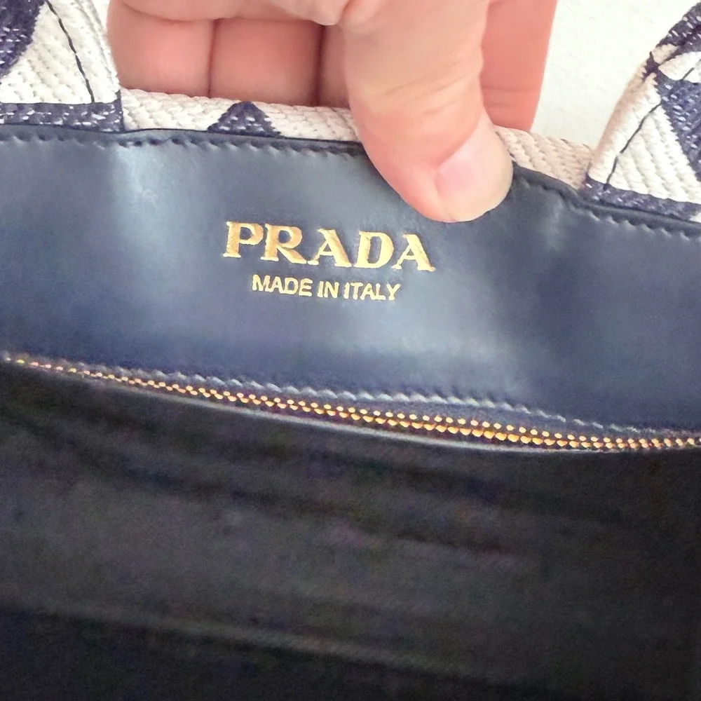 Prada Milano 1BA354 Symbole Jacquard Tote Blue White Triangle Pattern Bag Italy